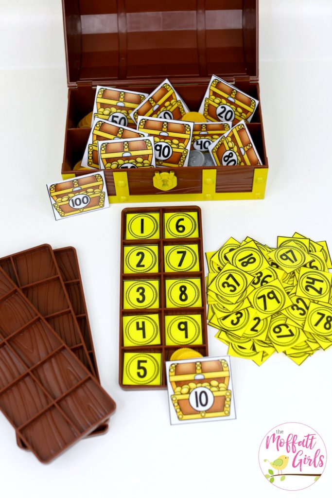 Treasure Chest Numbers- Counting to 100 with fun hands-on math centers for Kindergarten! Teach skip counting by tens, number order, number recognition and more!