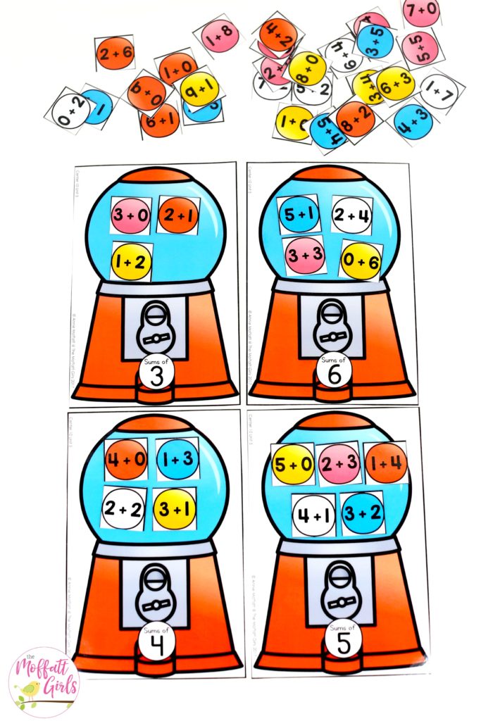 Bubble Gum Addition- such a fun math center! Plus, MORE hands-on addition math centers for Kindergarten! Teach basic addition in a variety of ways that help students build math skills.