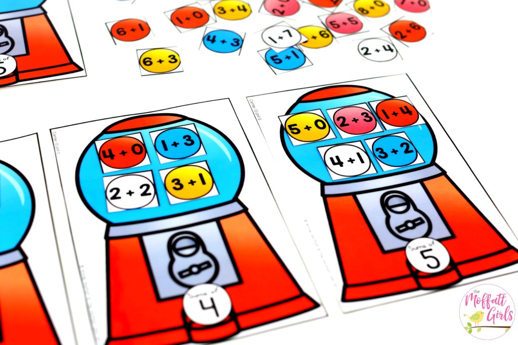 Bubble Gum Addition- such a fun math center! Plus, MORE hands-on addition math centers for Kindergarten! Teach basic addition in a variety of ways that help students build math skills.