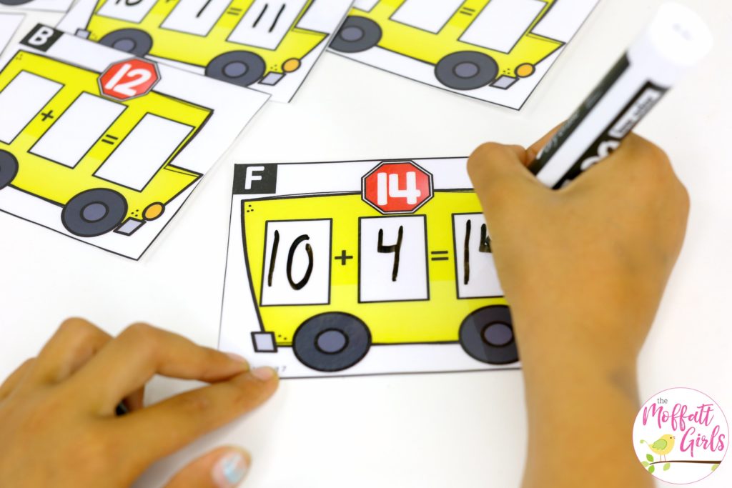 Place Value Buses- a fun place value math center to teach tens and ones! Teach base ten math with these hands-on math centers for Kindergarten!