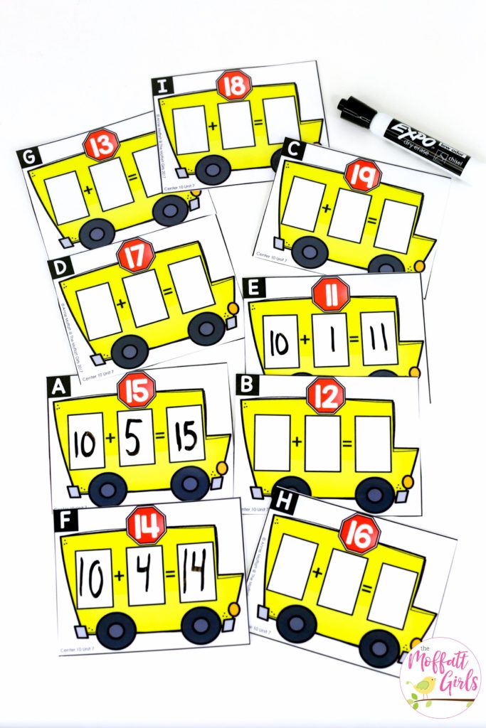 Place Value Buses- a fun place value math center to teach tens and ones! Teach base ten math with these hands-on math centers for Kindergarten!