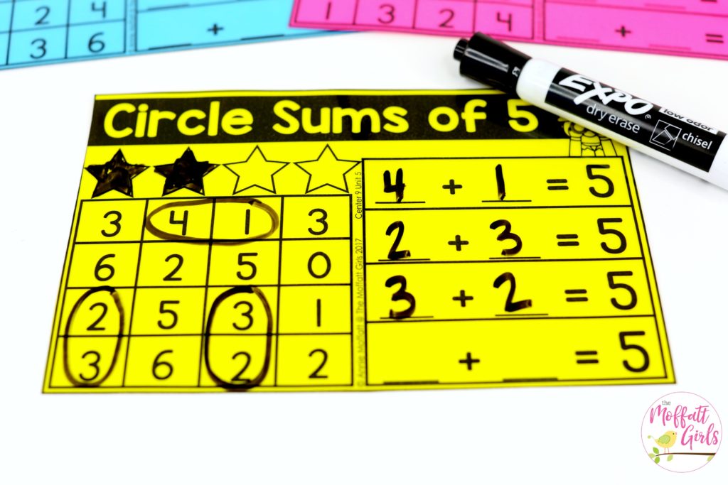 Circle the Sums- fun math center! Plus, MORE hands-on addition math centers for Kindergarten! Teach basic addition in a variety of ways that help students build math skills.