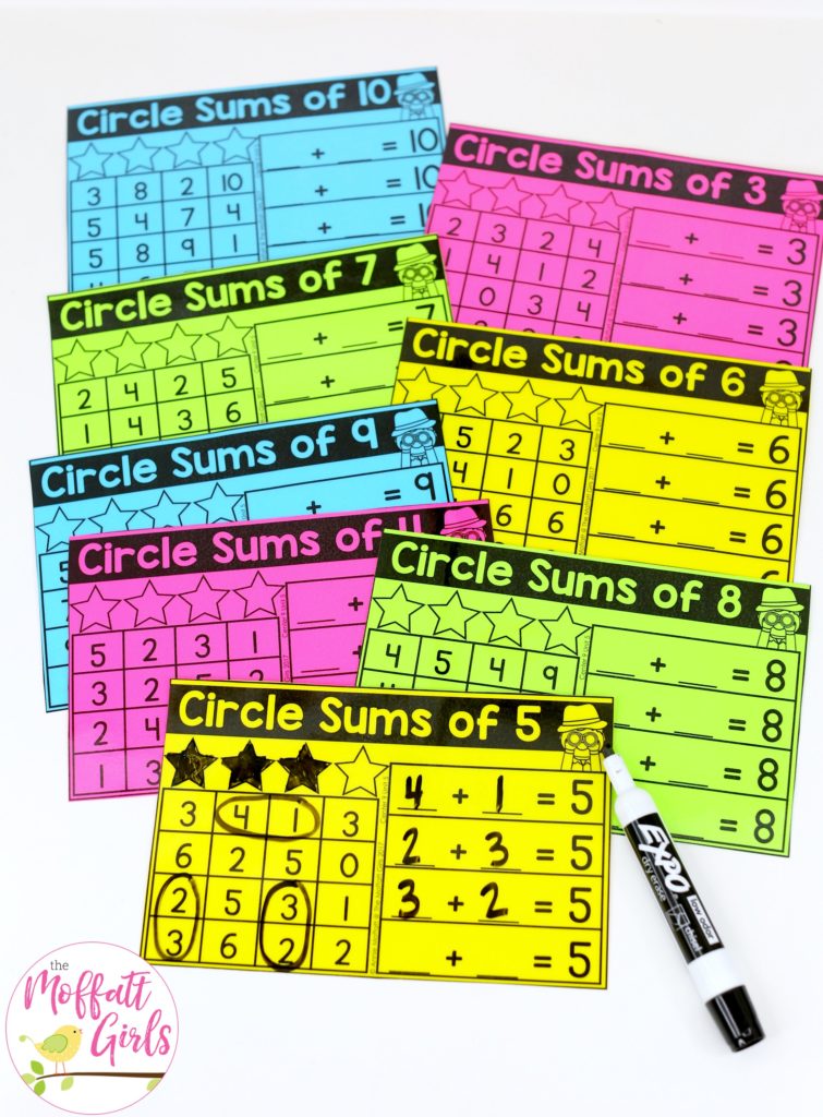 Circle the Sums- fun math center! Plus, MORE hands-on addition math centers for Kindergarten! Teach basic addition in a variety of ways that help students build math skills.