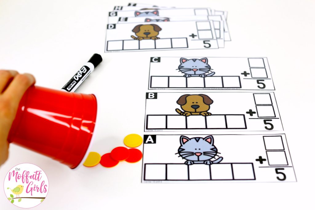 Fill it, Spill it, Add it- such a fun math game! Plus, MORE hands-on addition math centers for Kindergarten! Teach basic addition in a variety of ways that help students build math skills.
