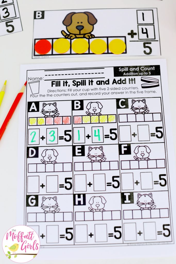 Fill it, Spill it, Add it- such a fun math game! Plus, MORE hands-on addition math centers for Kindergarten! Teach basic addition in a variety of ways that help students build math skills.