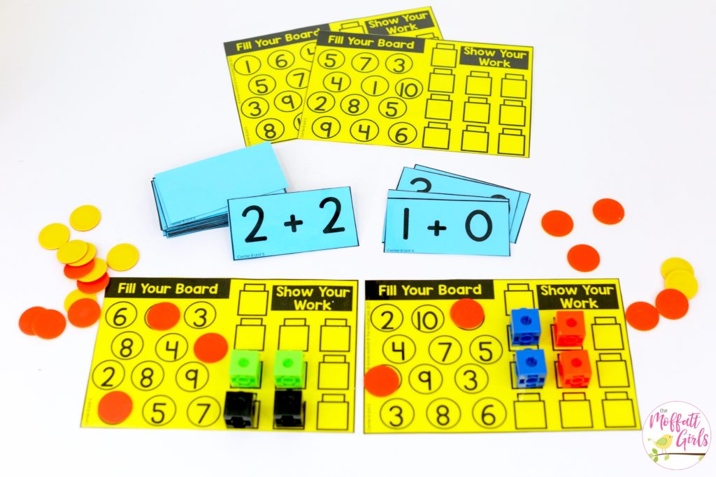 Add and Fill Your Board- such a fun math game! Plus, MORE hands-on addition math centers for Kindergarten! Teach basic addition in a variety of ways that help students build math skills.