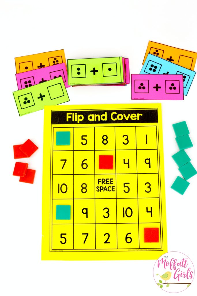 Flip and Cover- such a fun math game! Plus, MORE hands-on addition math centers for Kindergarten! Teach basic addition in a variety of ways that help students build math skills.