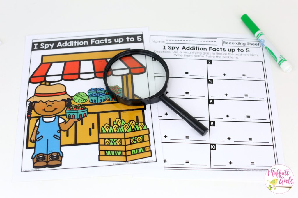 I Spy Addition Facts. Plus, MORE hands-on addition math centers for Kindergarten! Teach basic addition in a variety of ways that help students build math skills.