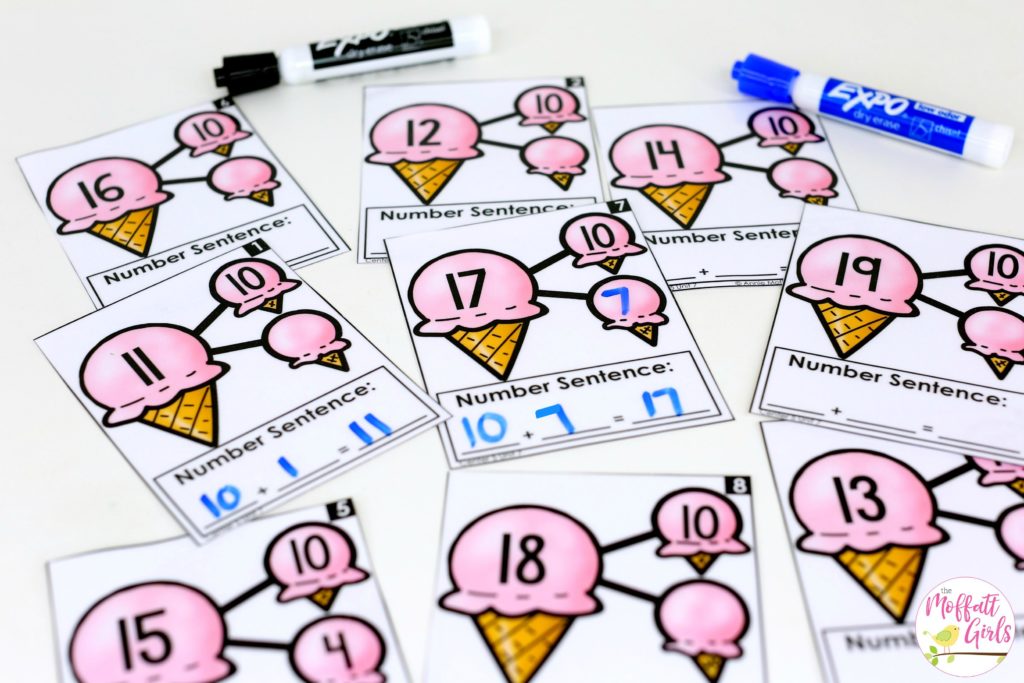 Ice Cream Addition Number Bonds- such a fun place value math center to teach tens and ones! Teach base ten math with these hands-on math centers for Kindergarten!