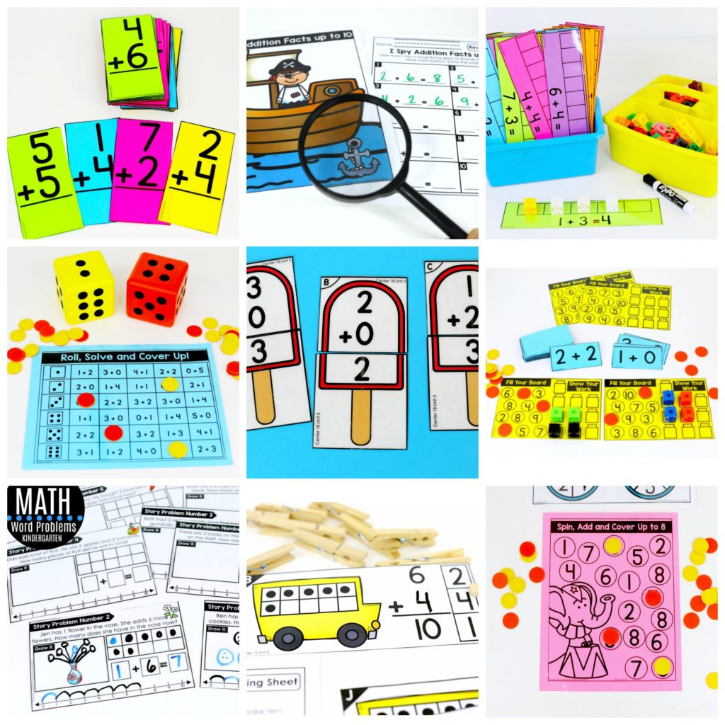 Hands-on Addition Math Centers for Kindergarten! Teach basic addition in a variety of ways that help students build math skills.