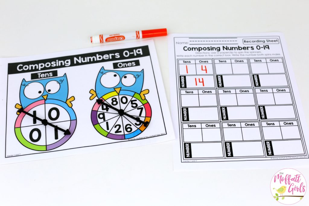 Spin and Compose a Number- such a fun place value math game! Teach base ten math with these hands-on math centers for Kindergarten!