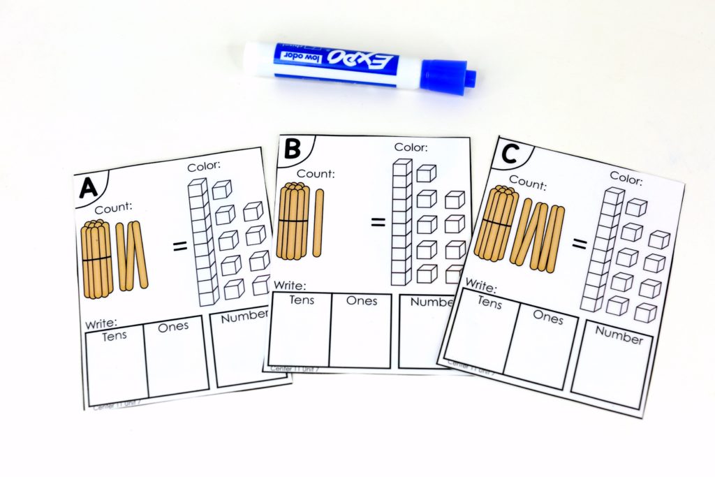 Fun place value math center to teach tens and ones! Teach base ten math with these hands-on math centers for Kindergarten!