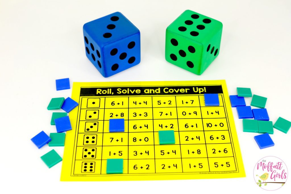 Roll, Add and Cover Up- such a fun math game! Plus, MORE hands-on addition math centers for Kindergarten! Teach basic addition in a variety of ways that help students build math skills.