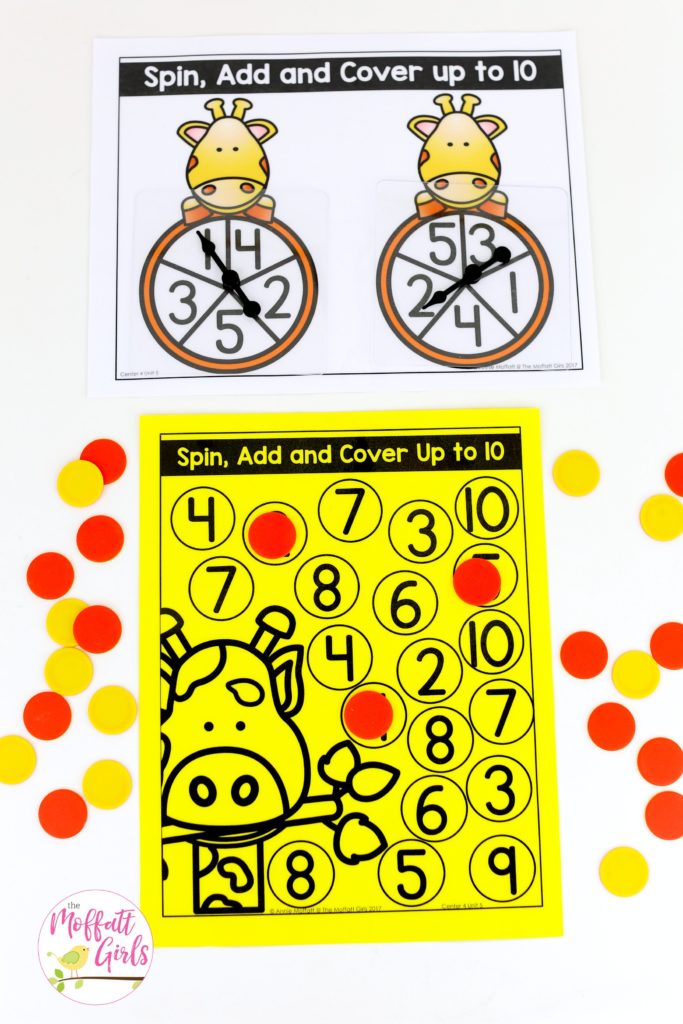 Spin, Add and Cover- such a fun math game! Plus, MORE hands-on addition math centers for Kindergarten! Teach basic addition in a variety of ways that help students build math skills.