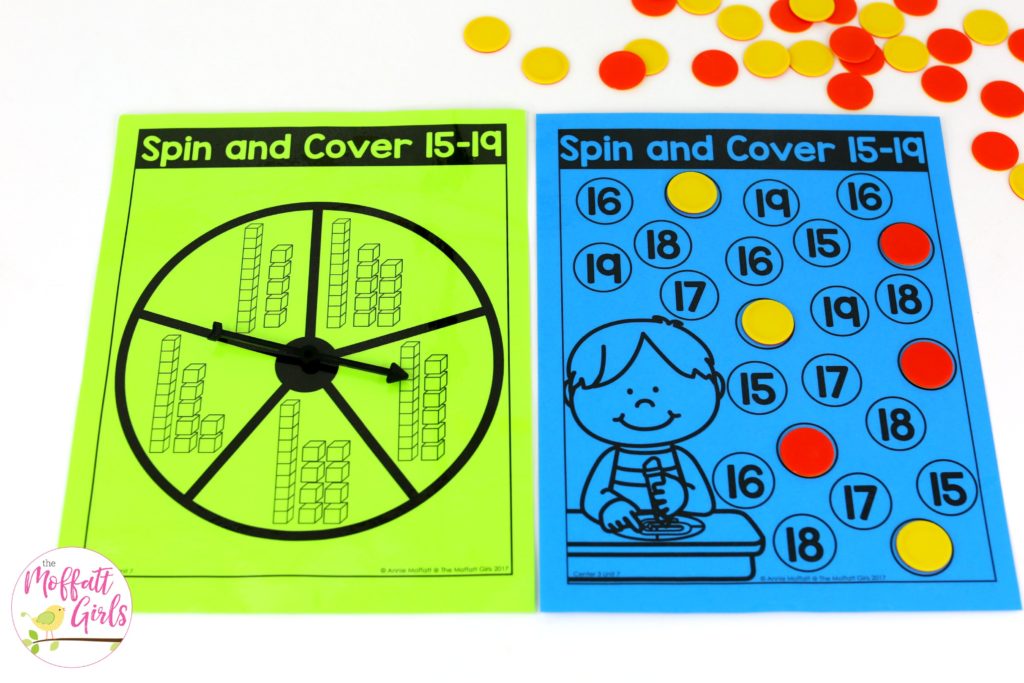 Spin and Cover- such a fun place value math game! Teach base ten math with these hands-on math centers for Kindergarten!