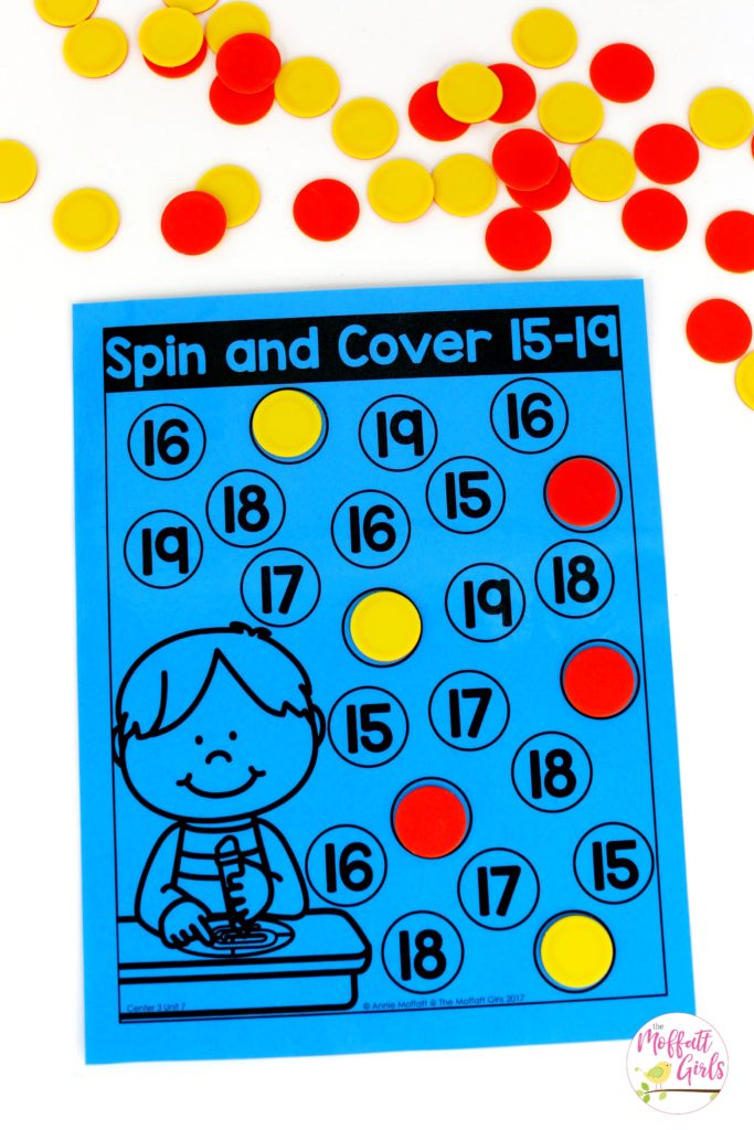 Spin and Cover- such a fun place value math game! Teach base ten math with these hands-on math centers for Kindergarten!