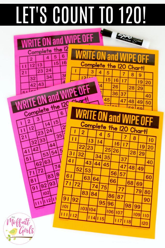 Write on and Wipe off Up to 120: This fun 1st Grade Math activity helps students count numbers up to 120 in a hands-on way!