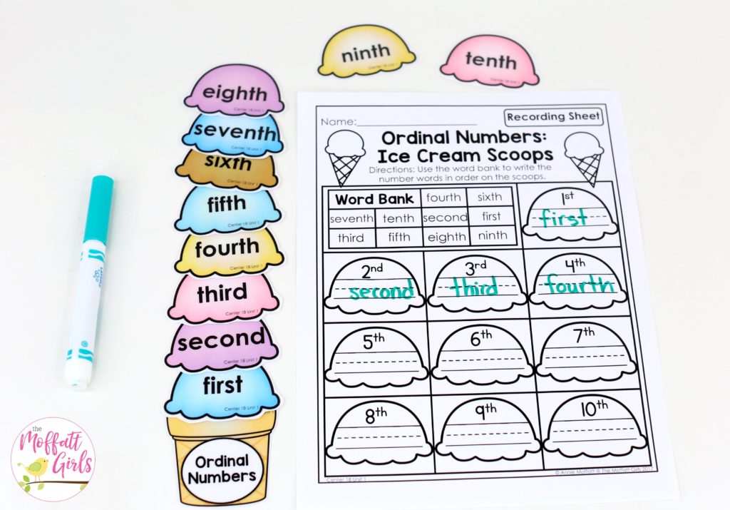 Ordinal Numbers Ice Cream Scoops: This fun 1st Grade Math activity helps students count numbers up to 120 in a hands-on way!