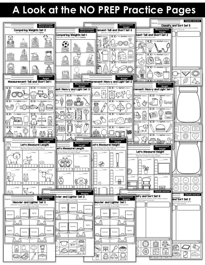 These fun Kindergarten Math NO PREP pages help students measure items and analyze data in a hands-on way!