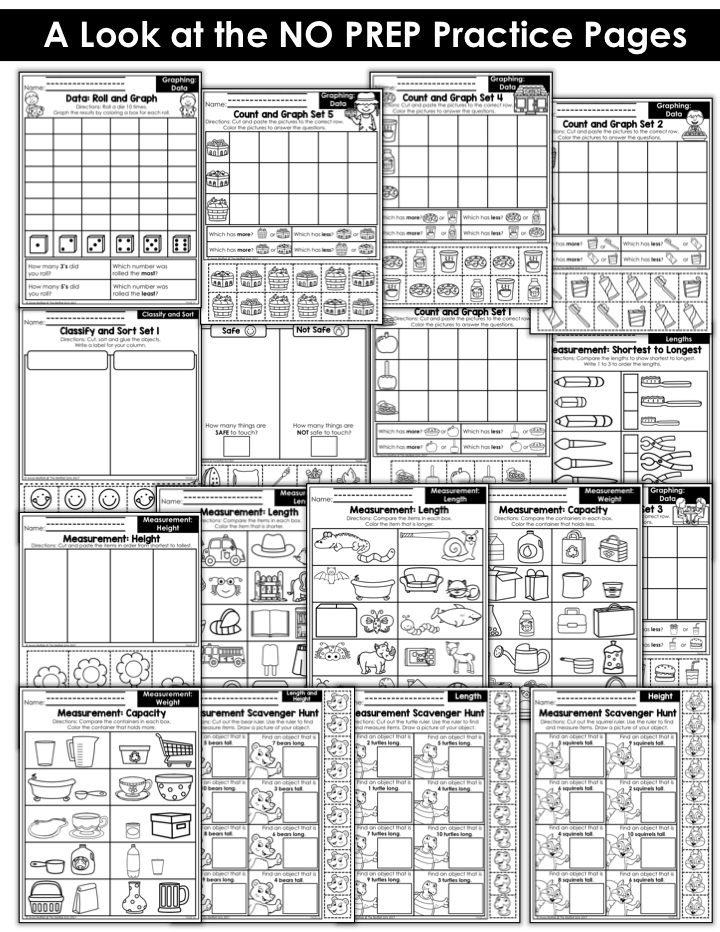 These fun Kindergarten Math NO PREP pages help students measure items and analyze data in a hands-on way!