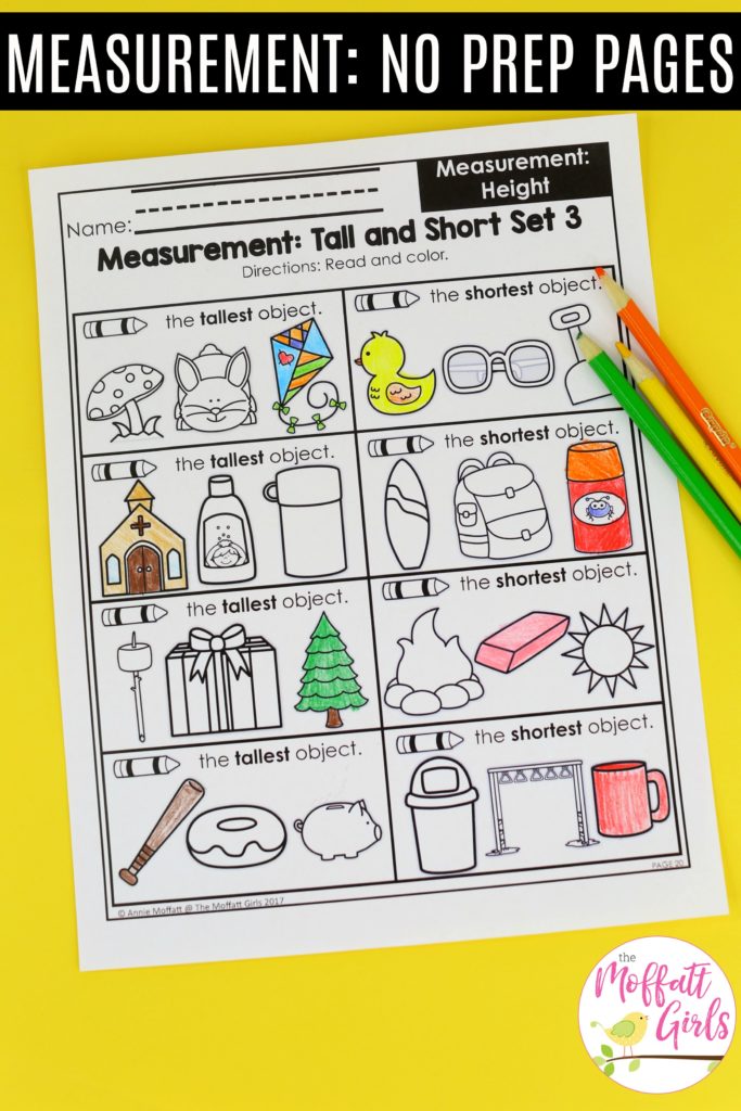 These fun Kindergarten Math NO PREP pages help students measure items and analyze data in a hands-on way!
