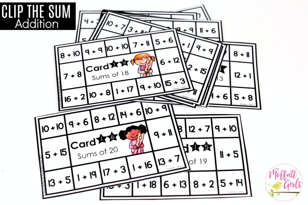 Addition Sums Clip Cards: This fun 1st Grade Math activity helps students practice addition in a hands-on way!