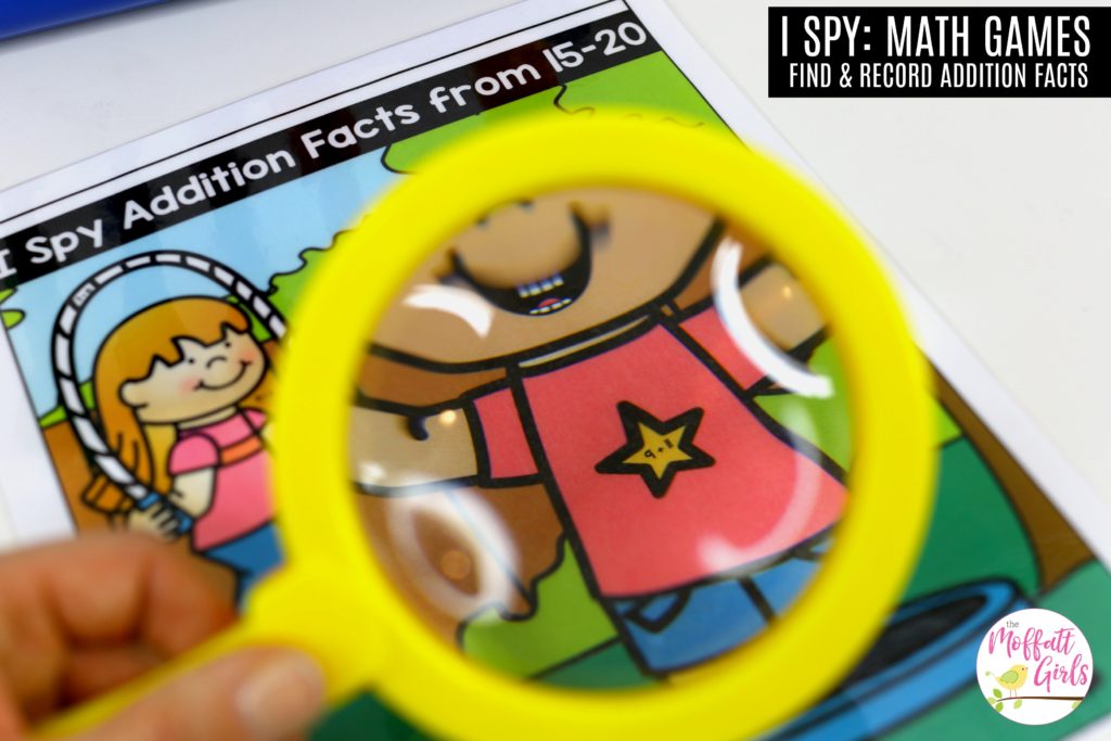 I Spy Addition Facts: This fun 1st Grade Math activity helps students practice addition in a hands-on way!