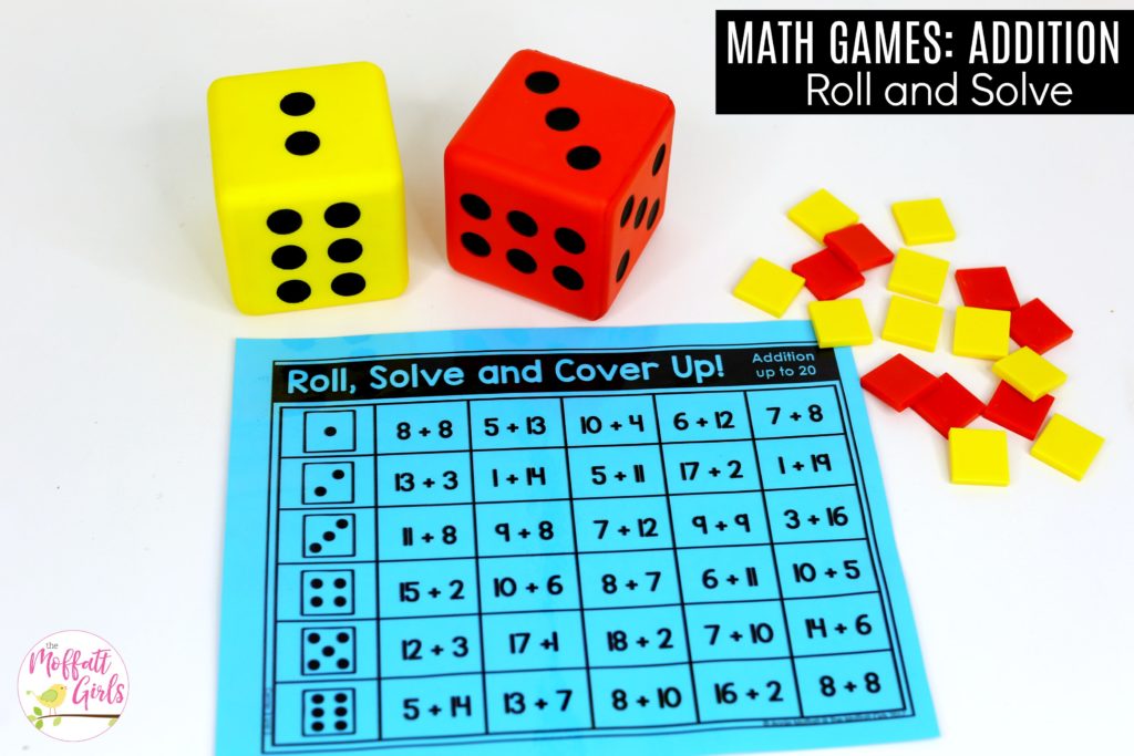 Roll, Solve and Cover Up: This fun 1st Grade Math activity helps students practice addition in a hands-on way!