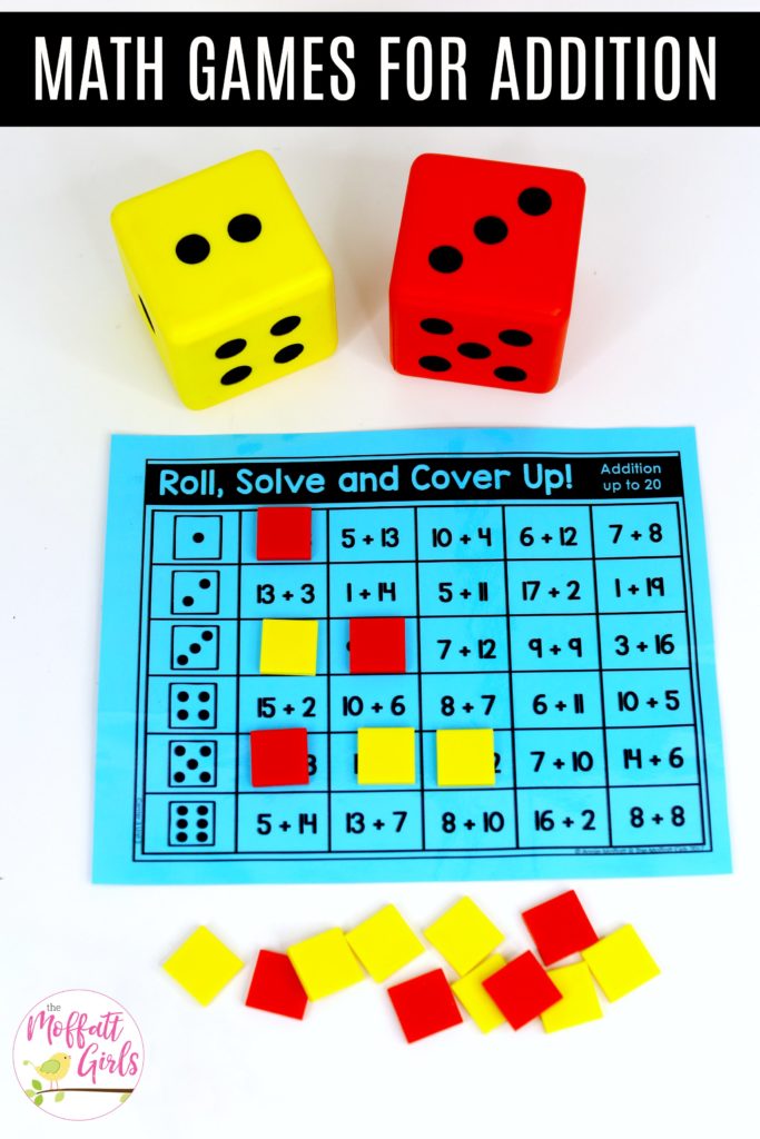 Roll, Solve and Cover Up: This fun 1st Grade Math activity helps students practice addition in a hands-on way!