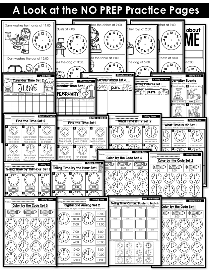 NO PREP Practice worksheets and centers to teach time! Teach time with these hands-on math centers for Kindergarten!