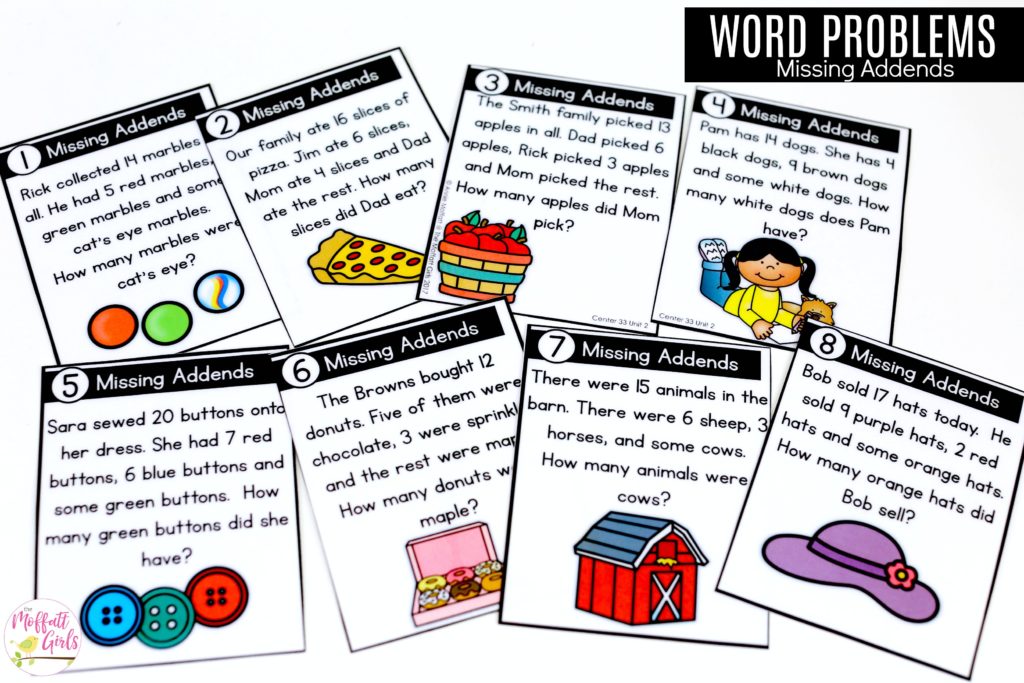 Word Problems Missing Addends: This fun 1st Grade Math activity helps students practice addition in a hands-on way!
