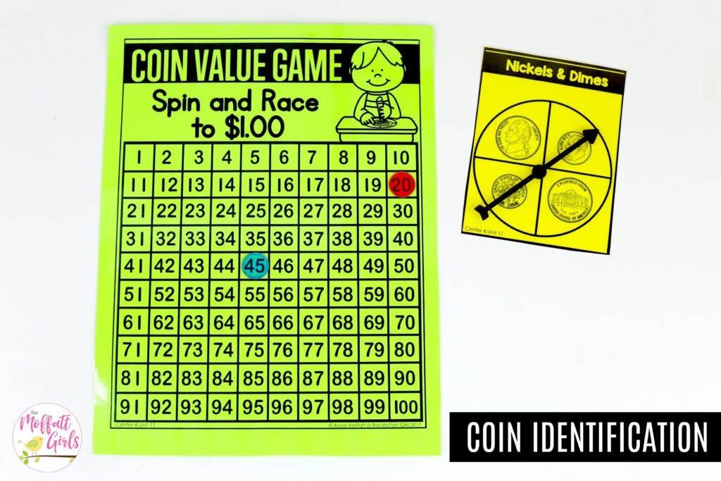 Spin & Race to $1.00: This fun Kindergarten Math activity helps students identify and count money in a hands-on way!