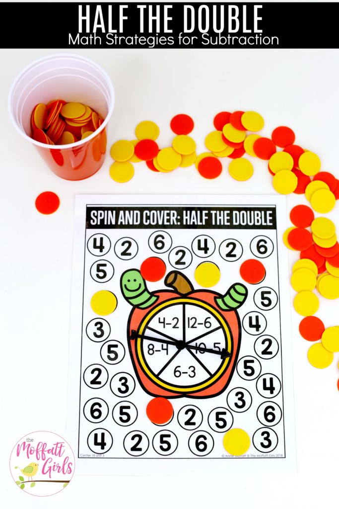 Spin and Cover- Half the Double: This fun 1st Grade Math activity helps students practice subtraction in a hands-on way!