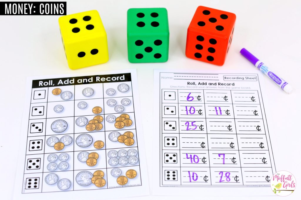 Roll, Add and Record: This fun Kindergarten Math activity helps students identify and count money in a hands-on way!