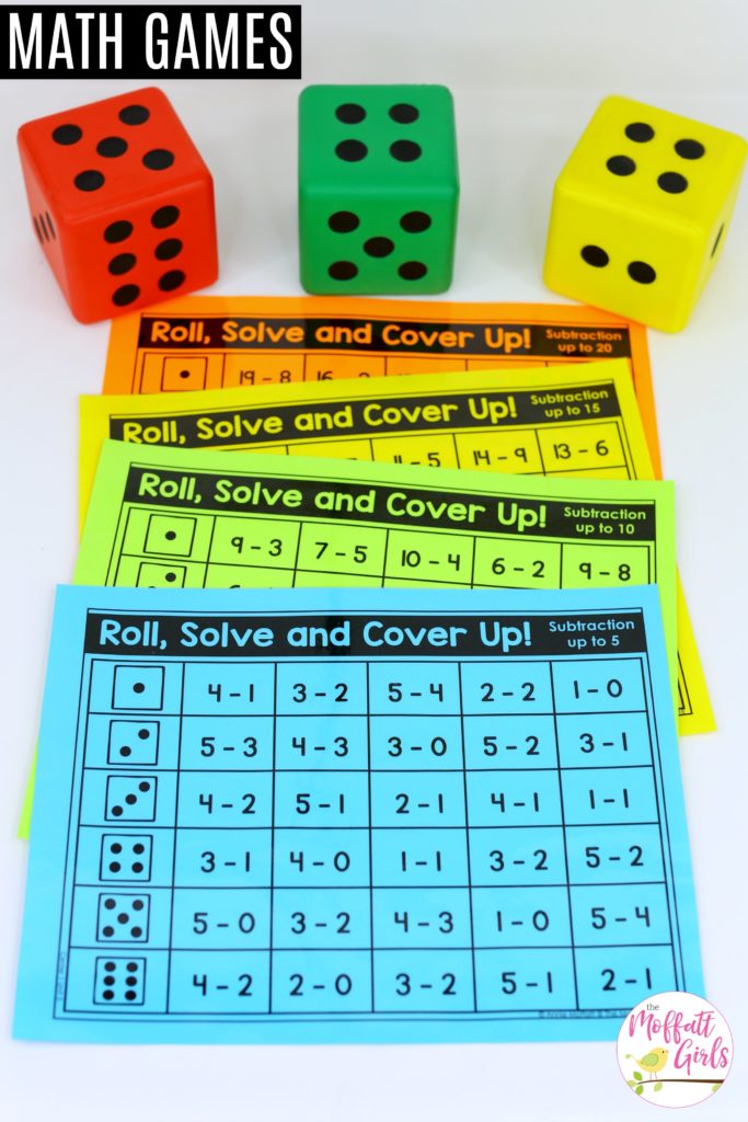 Roll, Solve and Cover Up: This fun 1st Grade Math activity helps students practice subtraction in a hands-on way!