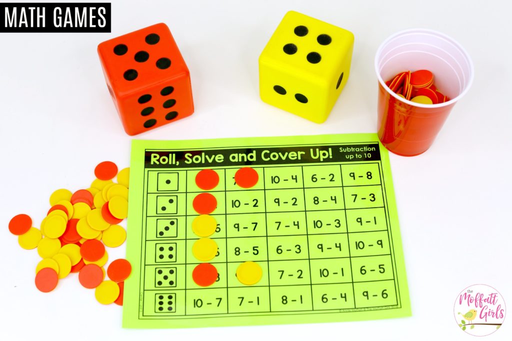 Roll, Solve and Cover Up: This fun 1st Grade Math activity helps students practice subtraction in a hands-on way!