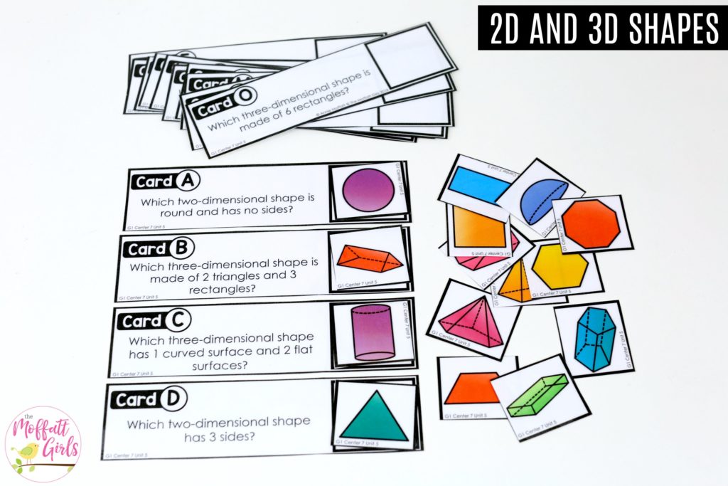 2D and 3D Matching cards for 1st grade Find The Shape: These fun 1st Grade Math activities help students understand basic geometry with the use of shapes and fractions in a hands-on way!