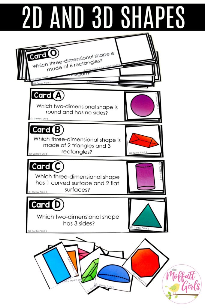 2D and 3D matching cards Find The Shape: These fun 1st Grade Math activities help students understand basic geometry with the use of shapes and fractions in a hands-on way!