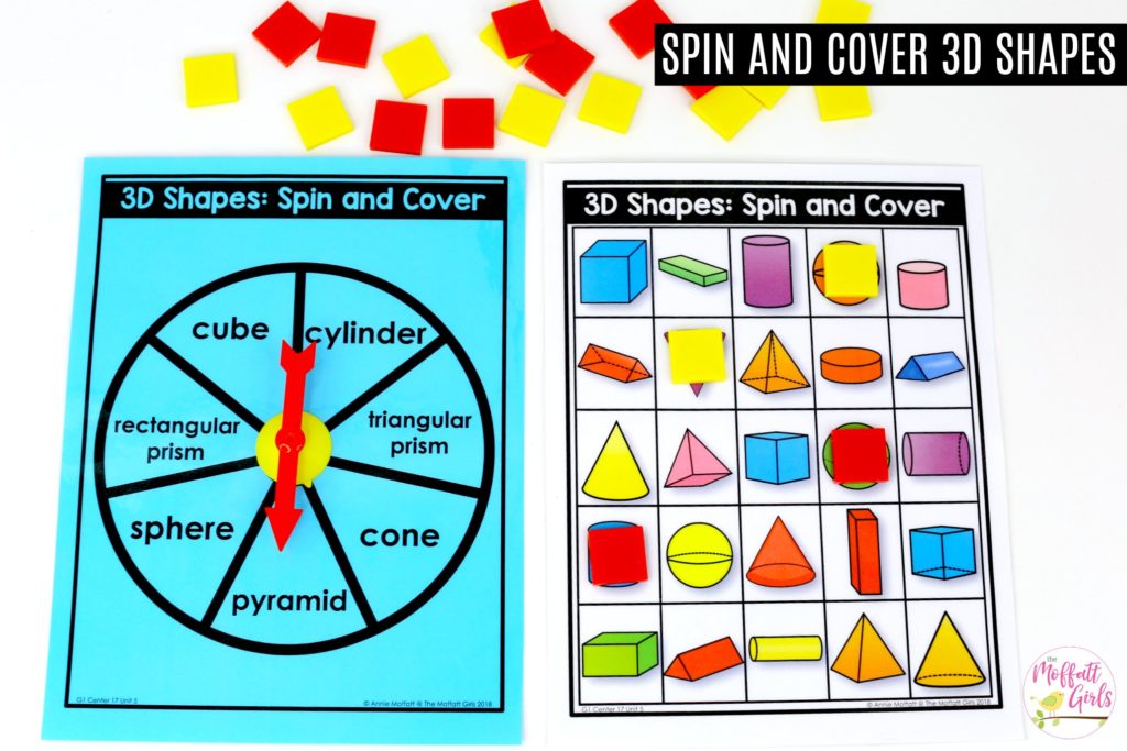 3D Shapes- Spin and Cover math game Shapes- Spin and Cover: These fun 1st Grade Math activities help students understand basic geometry with the use of shapes and fractions in a hands-on way!