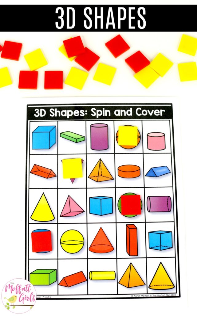 3D Shapes: Spin and Cover Math Center Game Shapes- Spin and Cover: These fun 1st Grade Math activities help students understand basic geometry with the use of shapes and fractions in a hands-on way!