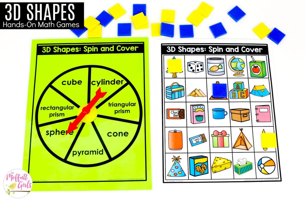 3D Shapes: Spin and Cover math game for first grade Shapes- Spin and Cover: These fun 1st Grade Math activities help students understand basic geometry with the use of shapes and fractions in a hands-on way!