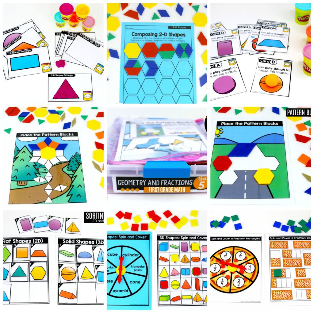First Grade Geometry Math Centers Collage These fun 1st Grade Math activities help students understand basic geometry with the use of shapes and fractions in a hands-on way!