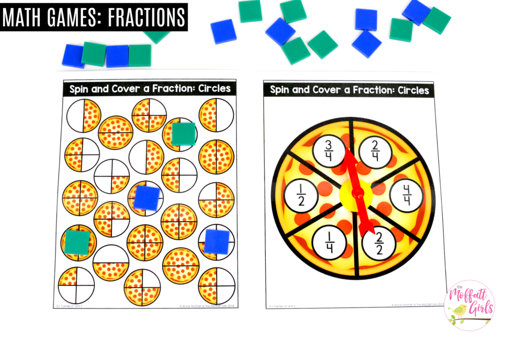 Pizza Fraction Game- spin and cover a fraction Pizza Fractions: These fun 1st Grade Math activities help students understand basic geometry with the use of shapes and fractions in a hands-on way!