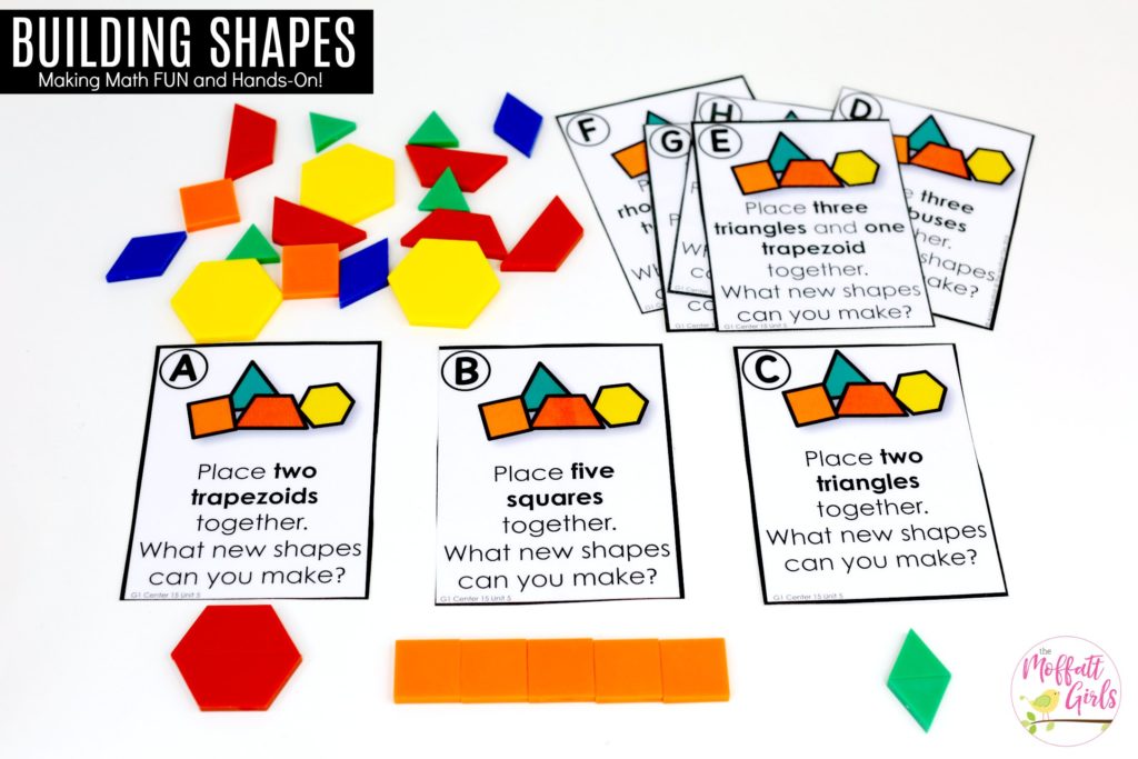 Building Shapes with Pattern Blocks math center Composing New Shapes: These fun 1st Grade Math activities help students understand basic geometry with the use of shapes and fractions in a hands-on way!