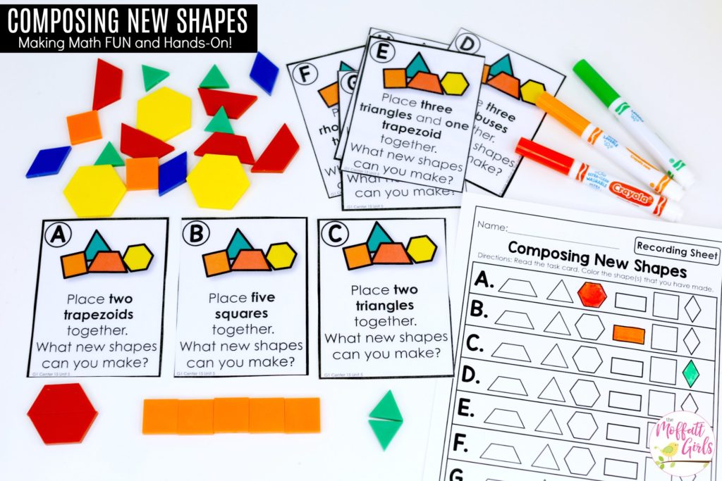 Composing New Shapes with pattern blocks- first grade math center Composing New Shapes: These fun 1st Grade Math activities help students understand basic geometry with the use of shapes and fractions in a hands-on way!