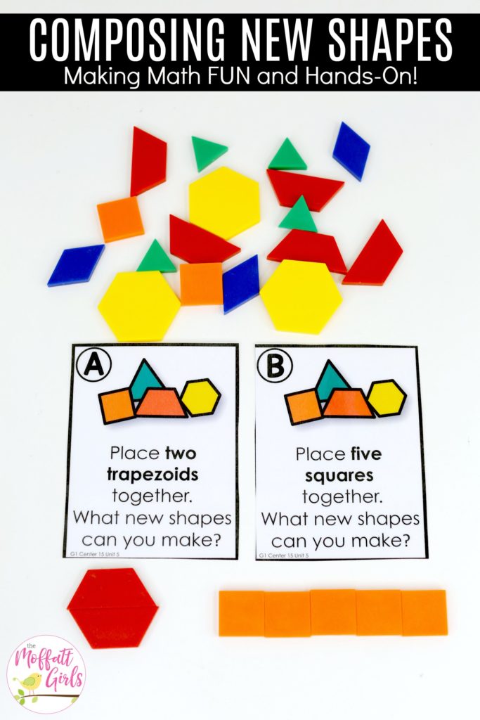 Composing New Shapes with pattern blocks in 1st grade Composing New Shapes: These fun 1st Grade Math activities help students understand basic geometry with the use of shapes and fractions in a hands-on way!