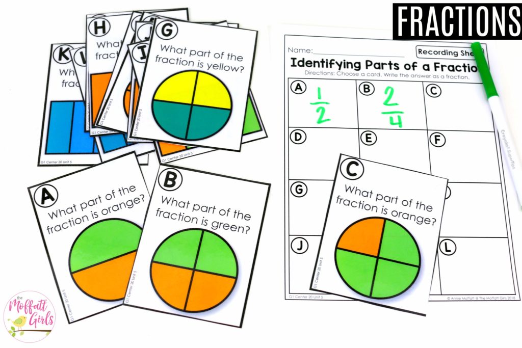 Identifying Part of a Fraction- math center Parts of a Fraction: These fun 1st Grade Math activities help students understand basic geometry with the use of shapes and fractions in a hands-on way!