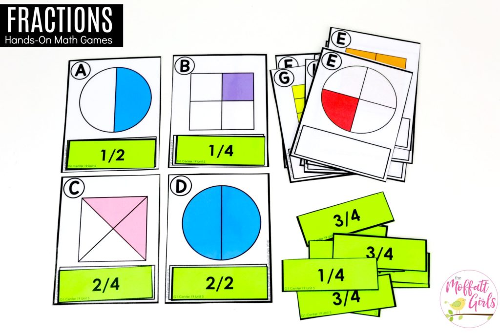 Fractions- match the fraction with the card. Math center for 1st grade Fractions- Make a Match: These fun 1st Grade Math activities help students understand basic geometry with the use of shapes and fractions in a hands-on way!