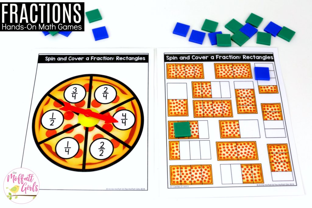 Pizza Fractions- Spin and Cover the fraction math game Pizza Fractions: These fun 1st Grade Math activities help students understand basic geometry with the use of shapes and fractions in a hands-on way!