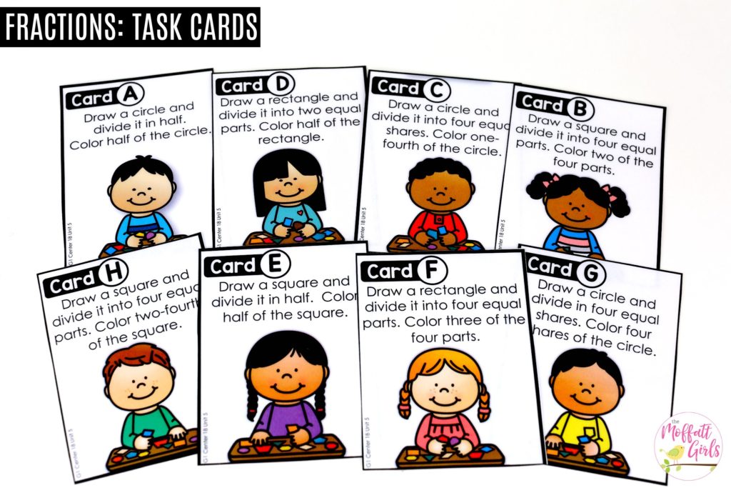Fractions Task Cards- Draw a shape and divide Draw and Color a Fraction: These fun 1st Grade Math activities help students understand basic geometry with the use of shapes and fractions in a hands-on way!